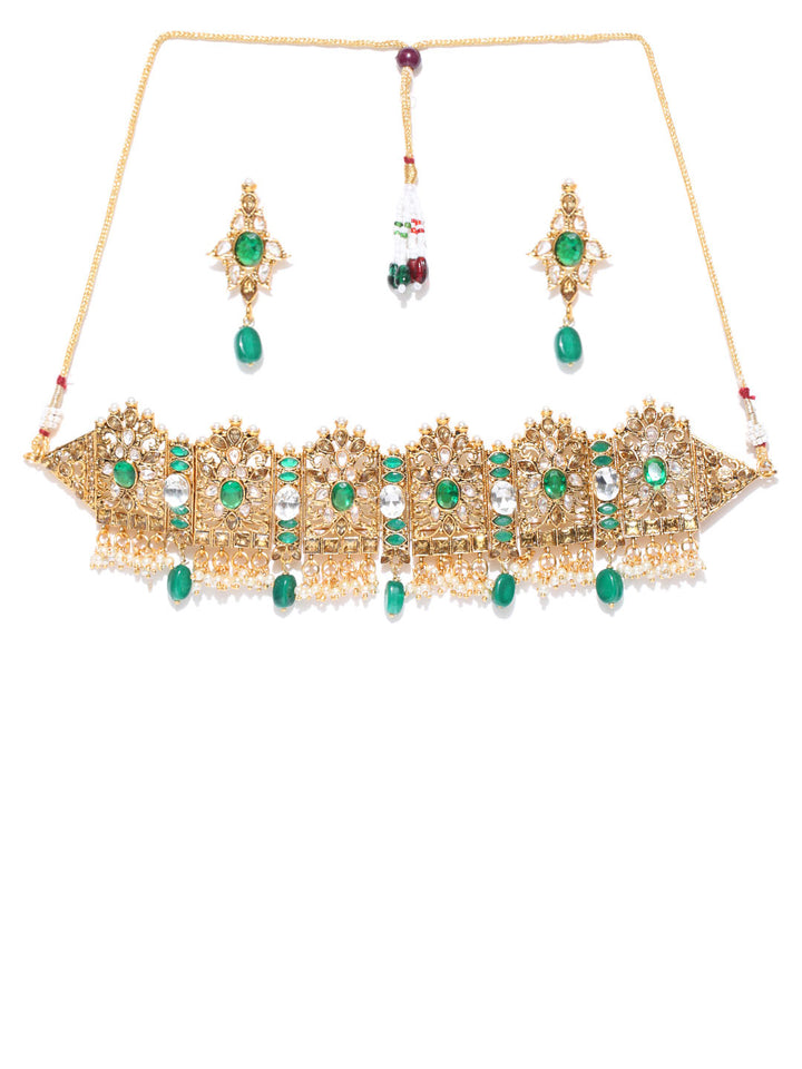 Emerald Beads Kundan Gold Plated Floral Jewellery Set