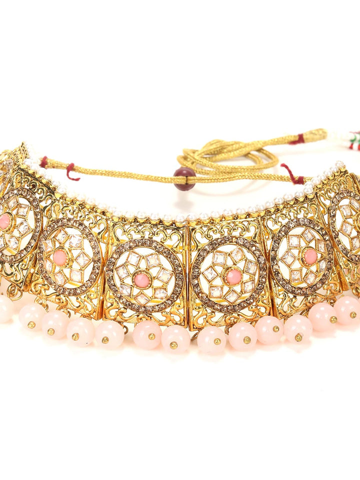 Pink Pearls Beads Stones Gold Plated Choker Set