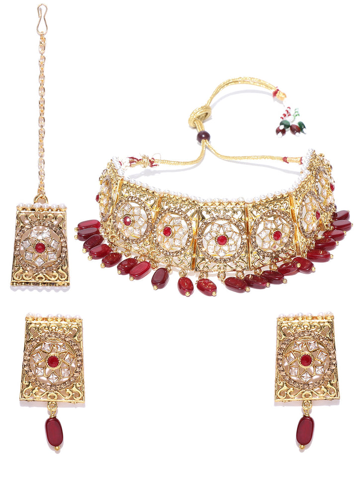 Red Pearls Kundan Beads Gold Plated MaangTika Choker