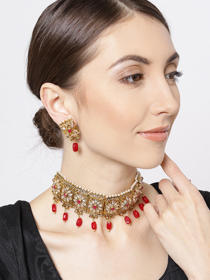 Red Kundan Gold Plated Square Choker