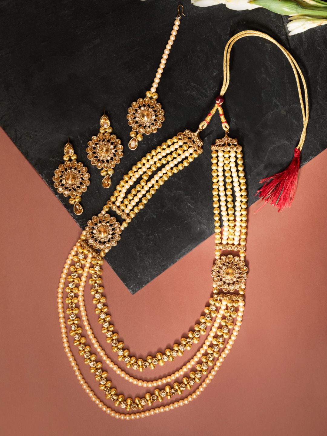 Kundan Pearls Gold Plated Ranihaar MaangTika Jewellery Set