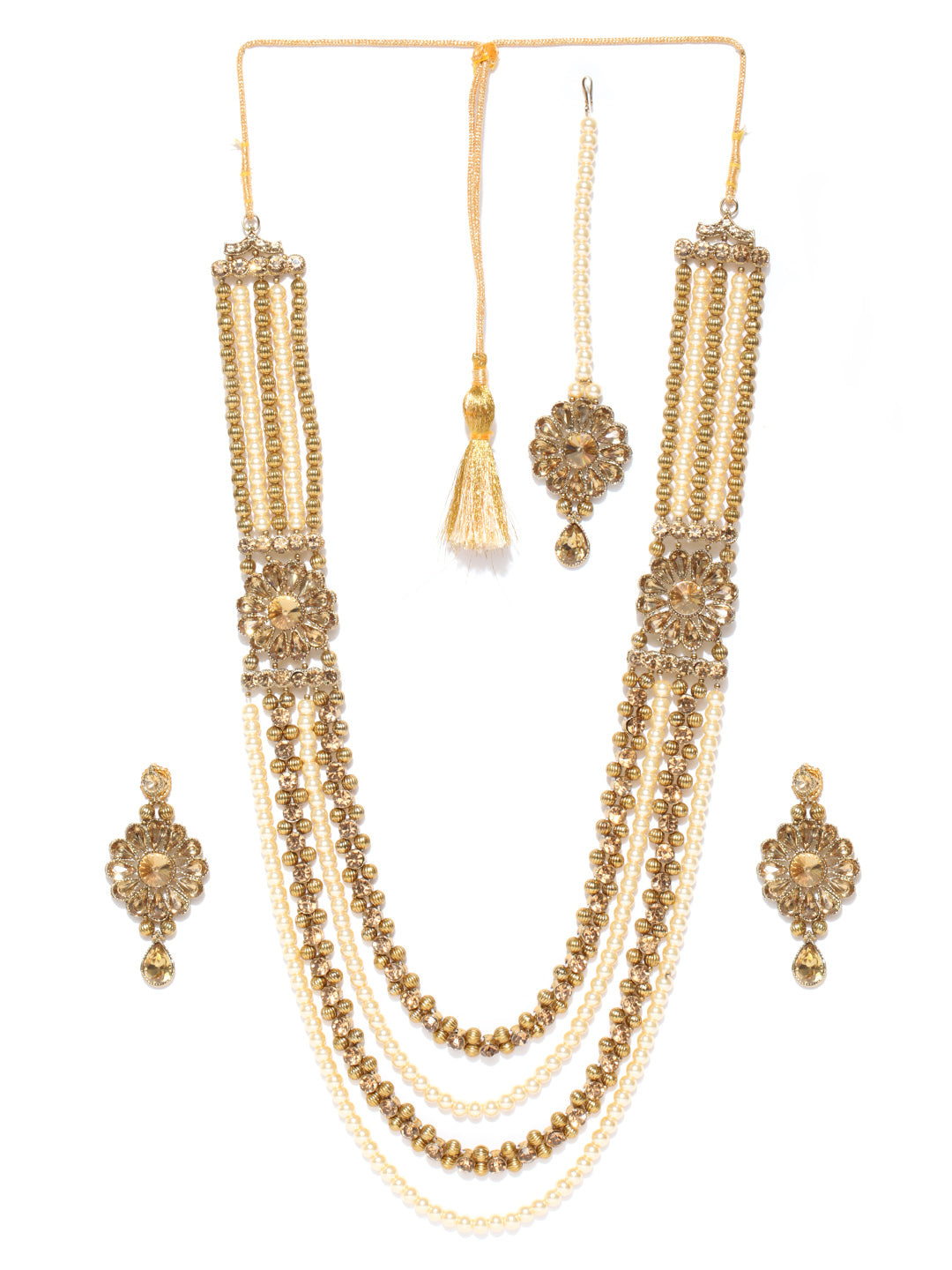 Kundan Pearls Gold Plated Ranihaar MaangTika Jewellery Set