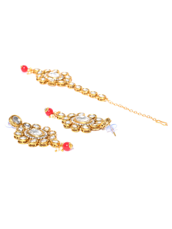 Red Kundan Pearls Gold Plated Leaf MaangTika Jewellery Set