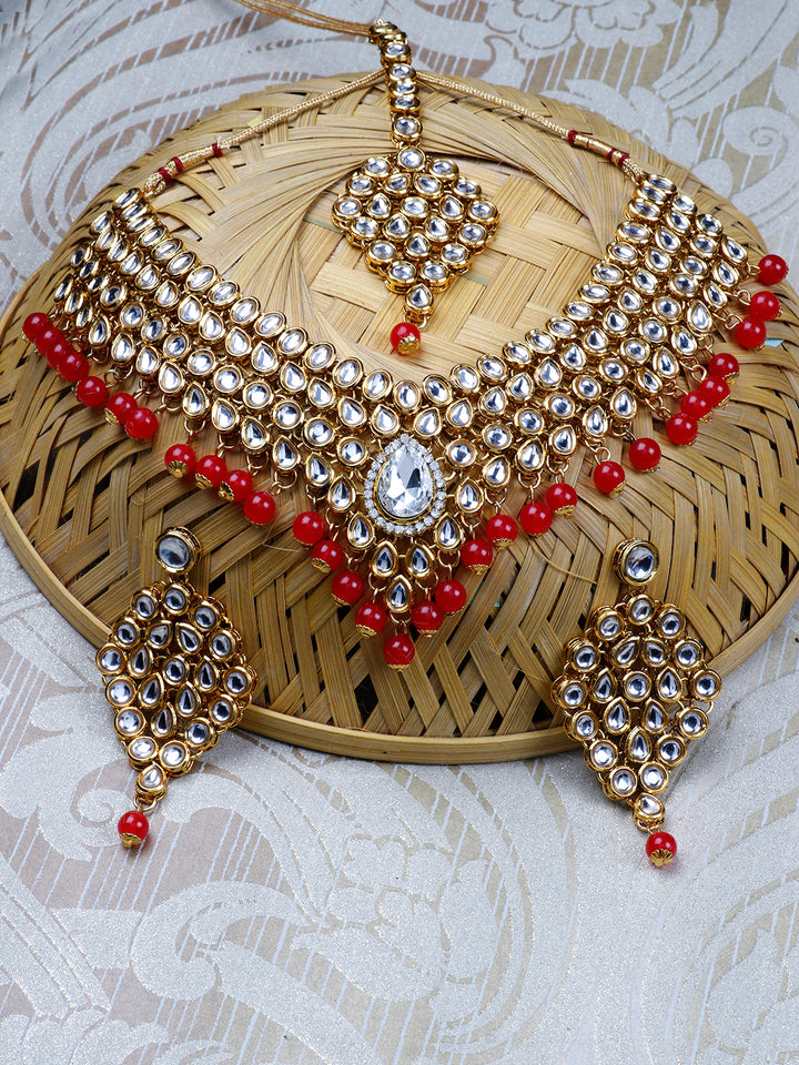 Kundan Ruby Gold Plated MaangTika Jewellery Set