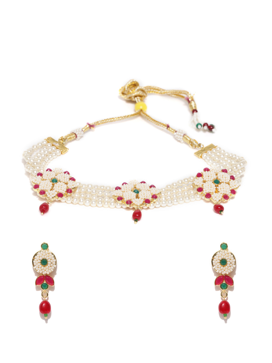 White Beads Ruby Emerald Gold Plated Choker