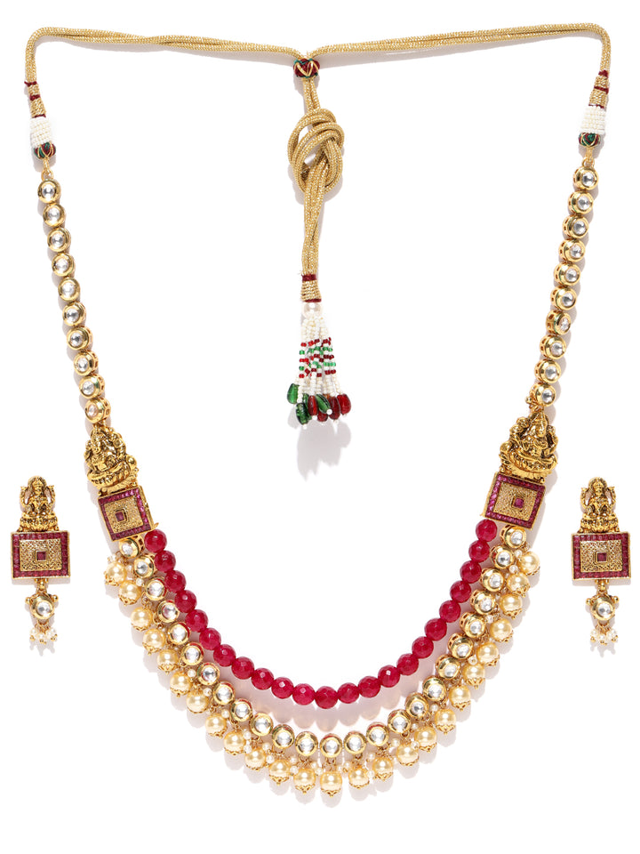 Red Kundan Pearls Gold Plated Temple Jewellery Set