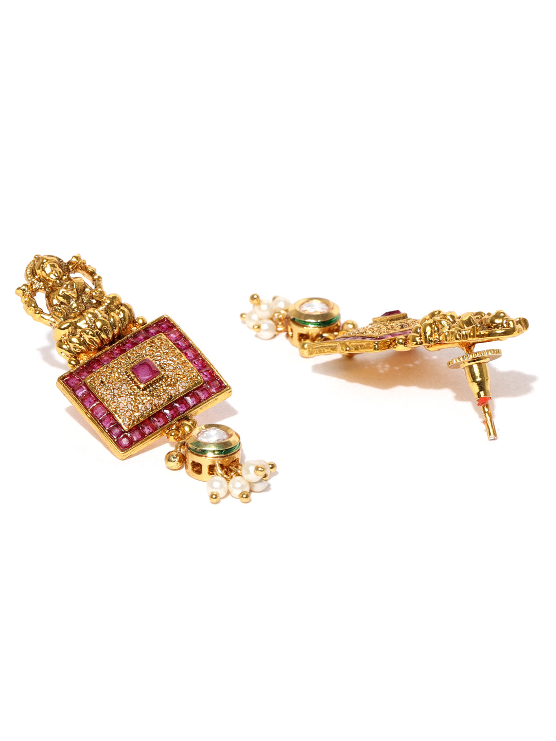 Red Kundan Pearls Gold Plated Temple Jewellery Set