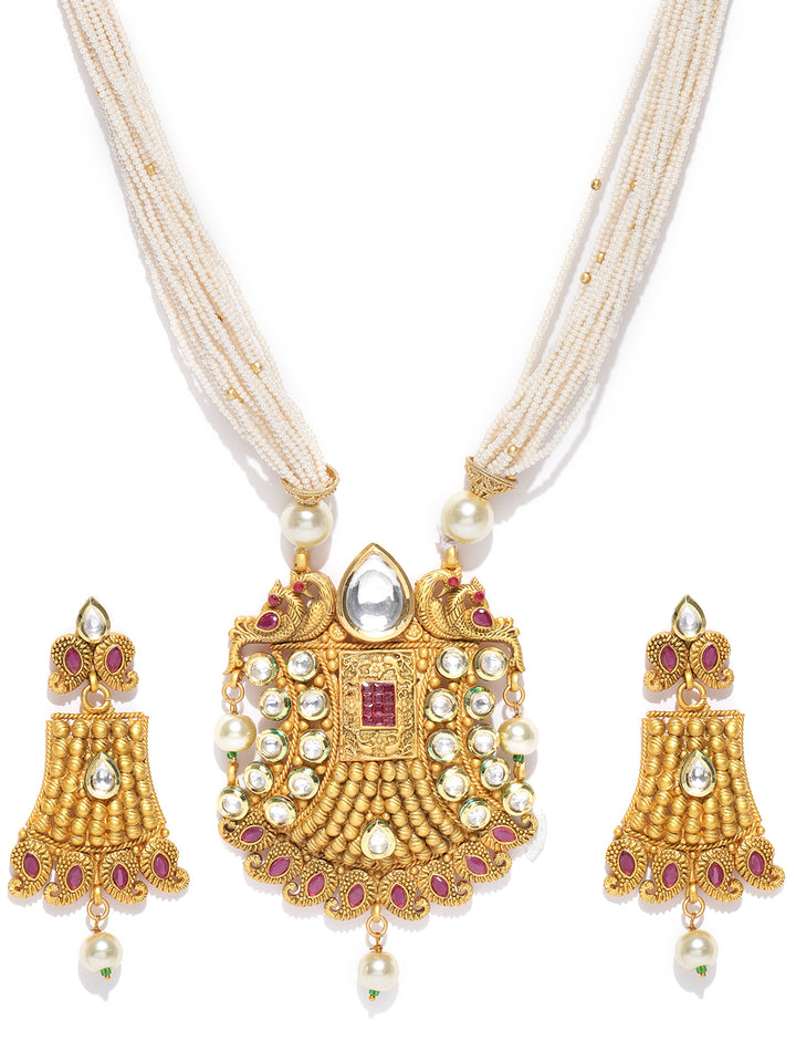 White Beads Pearls Kundan Gold Plated Jewellery Set