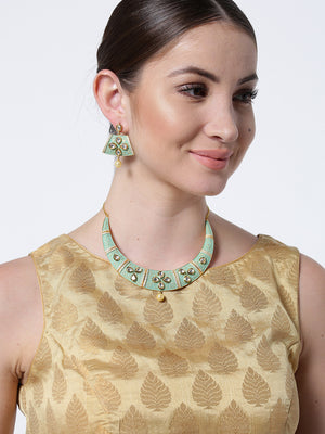 Mint Green Kundan Pearls Gold Plated Jewellery Set