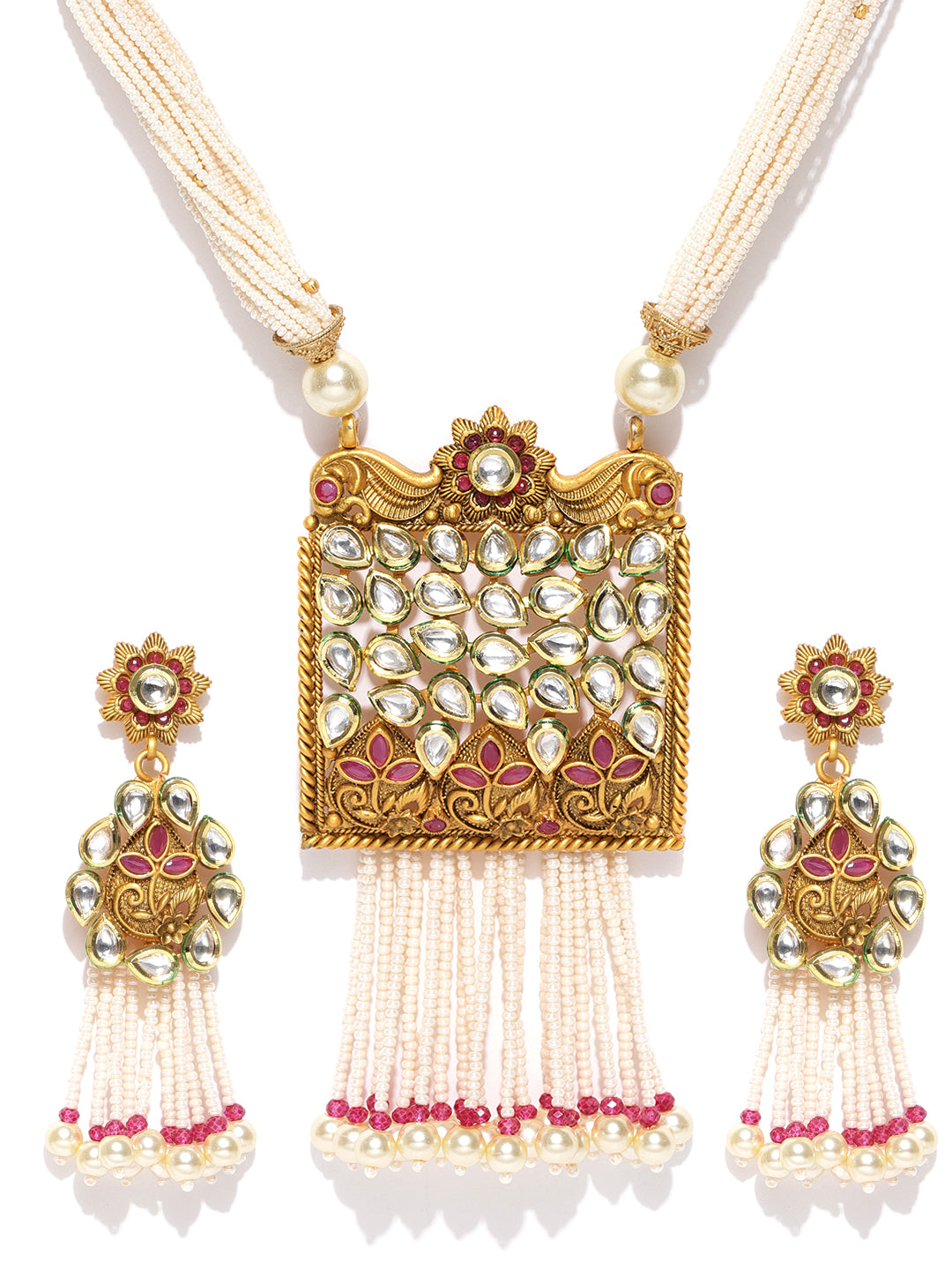 White Beads Pearls Kundan Gold Plated Jewellery Set