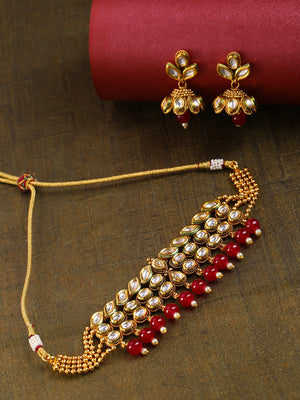 Red Pearls Kundan Beads Gold Plated Choker Set