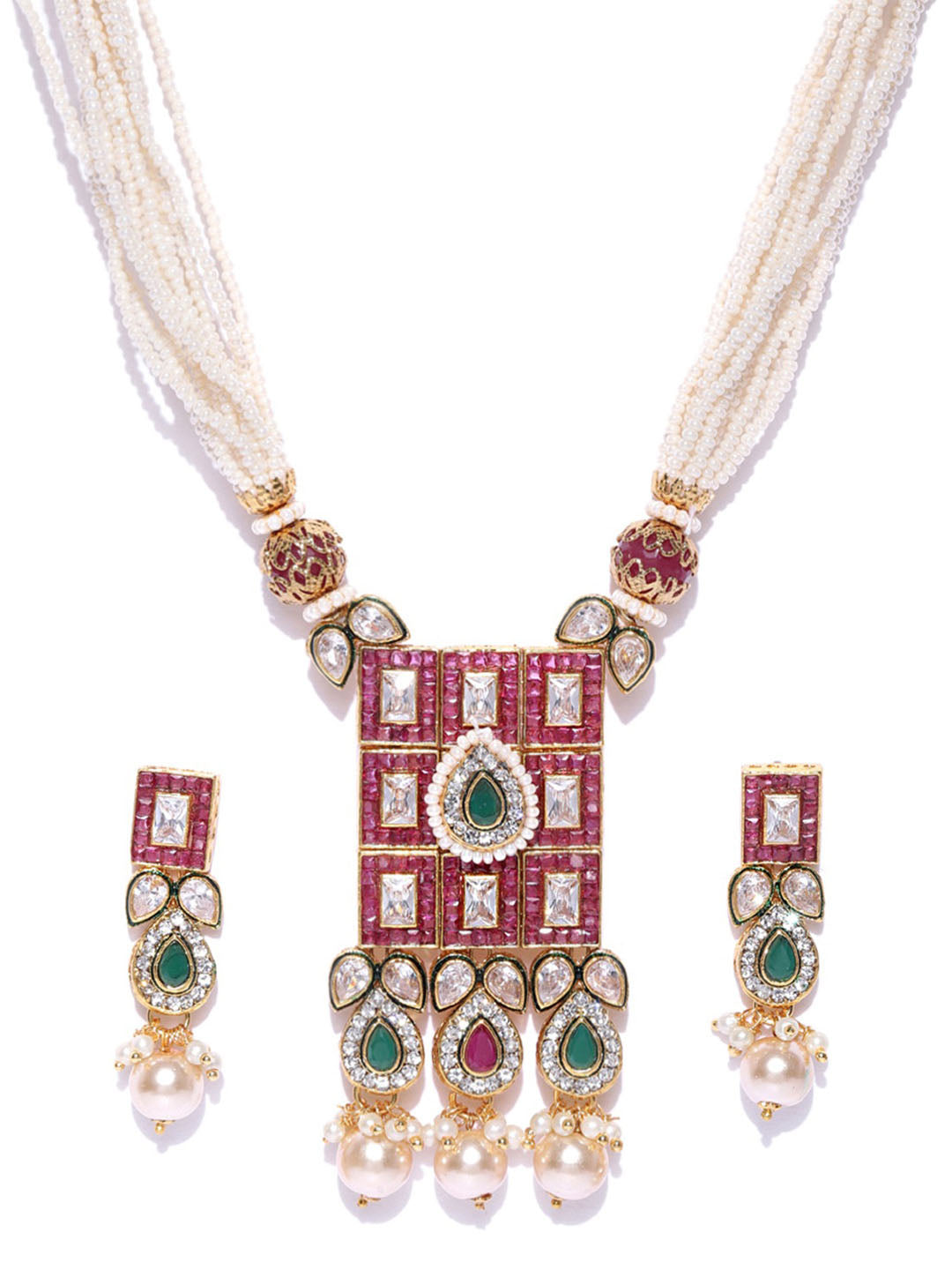 White Beads Ruby Emerald Pearls Gold Plated Jewellery Set