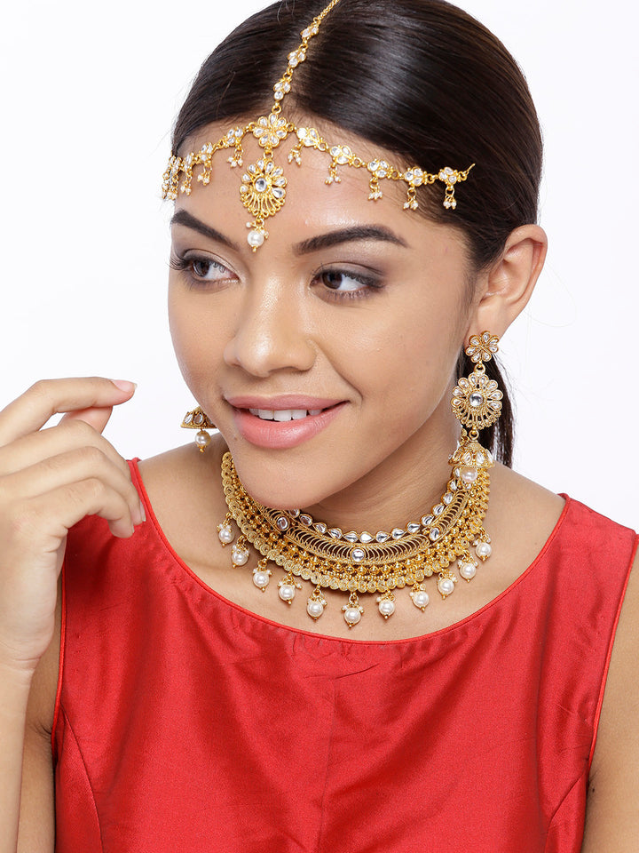 Kundan Pearls Gold Plated MaangTika Jewellery Set