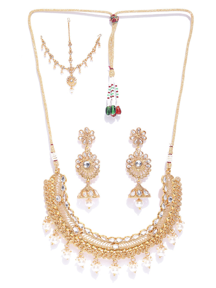 Kundan Pearls Gold Plated MaangTika Jewellery Set