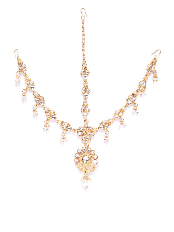 Kundan Pearls Gold Plated MaangTika Jewellery Set