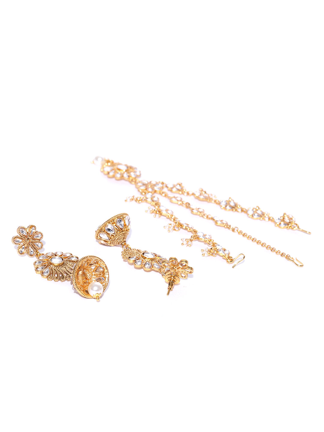 Kundan Pearls Gold Plated MaangTika Jewellery Set