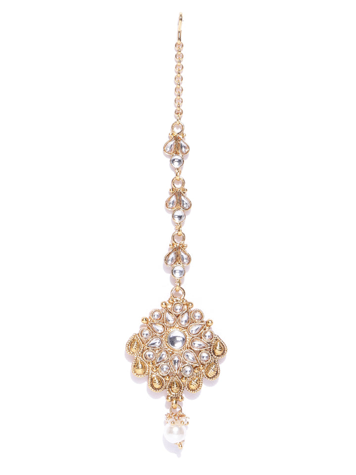 White Beads Pearls Kundan Gold Plated MaangTika Jewellery Set