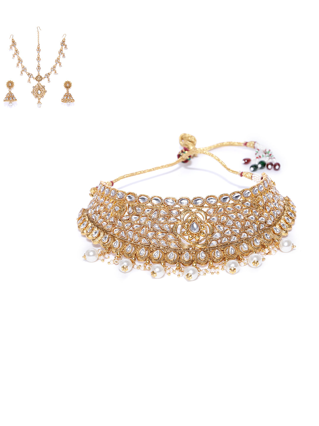 White Beads Pearls Kundan Gold Plated MaangTika Jewellery Set