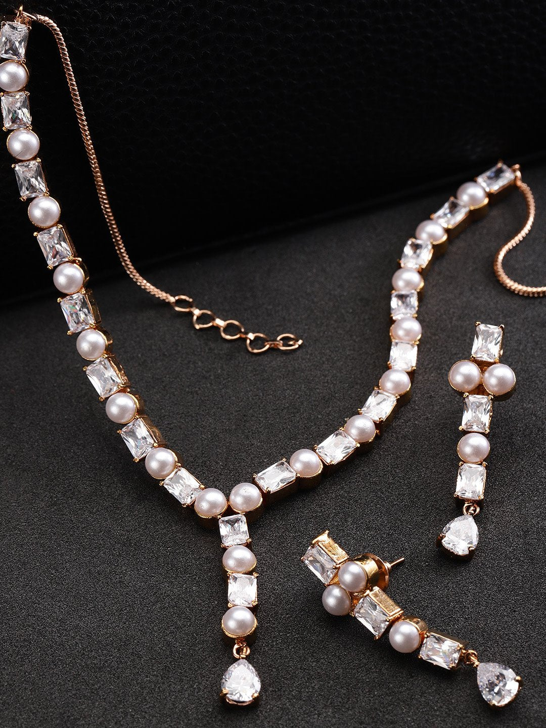 American Diamond Pearls Rose Gold Plated Jewellery Set