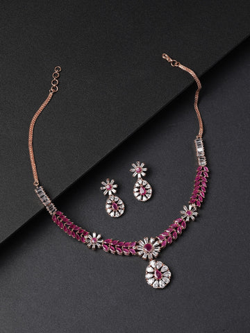 Pink Ruby American Diamond Rose Gold Plated Jewellery Set