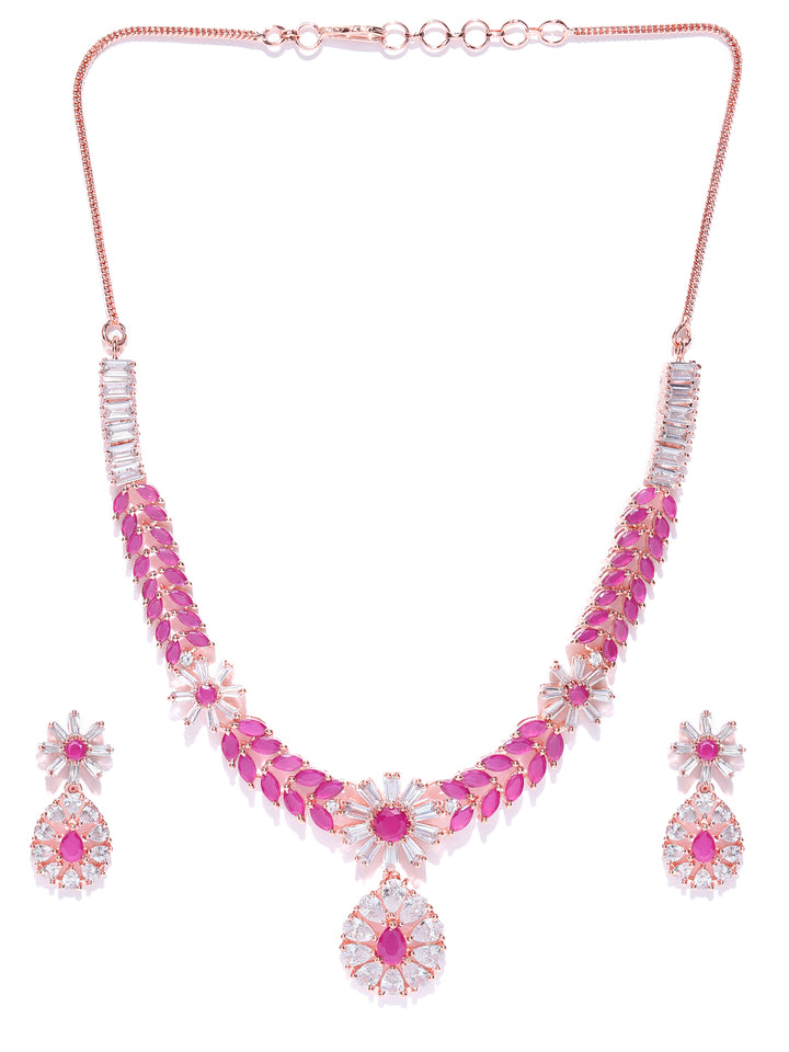 Pink Ruby American Diamond Rose Gold Plated Jewellery Set