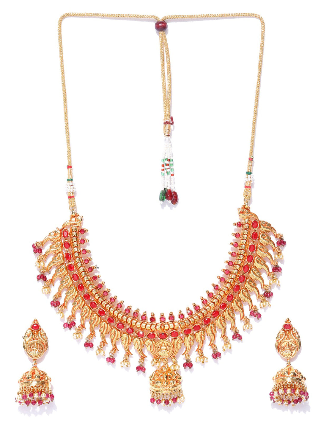 Ruby Beads Gold Plated Temple Jewellery Set