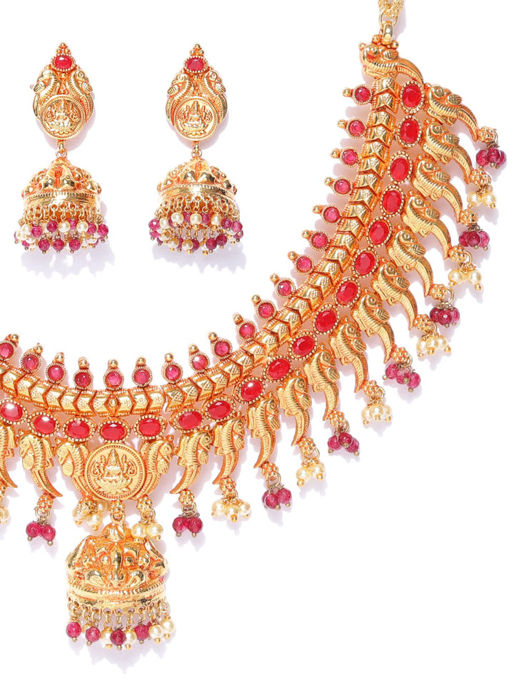Ruby Beads Gold Plated Temple Jewellery Set