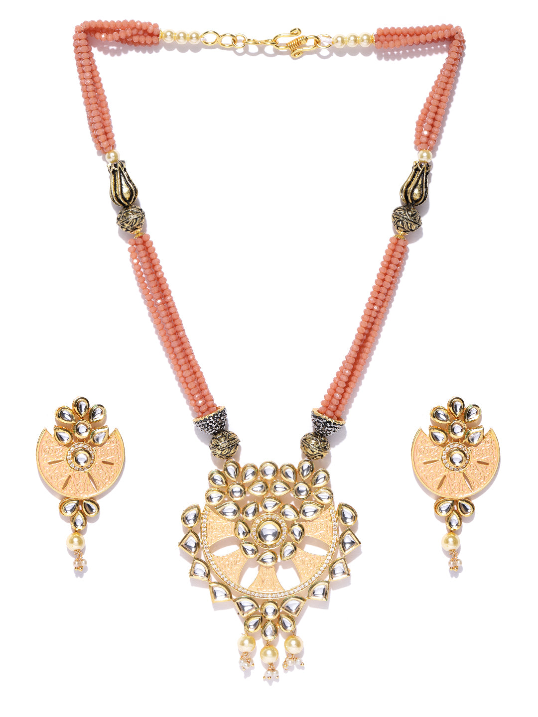 Peach Beads Kundan Pearls Gold Plated Jewellery Set