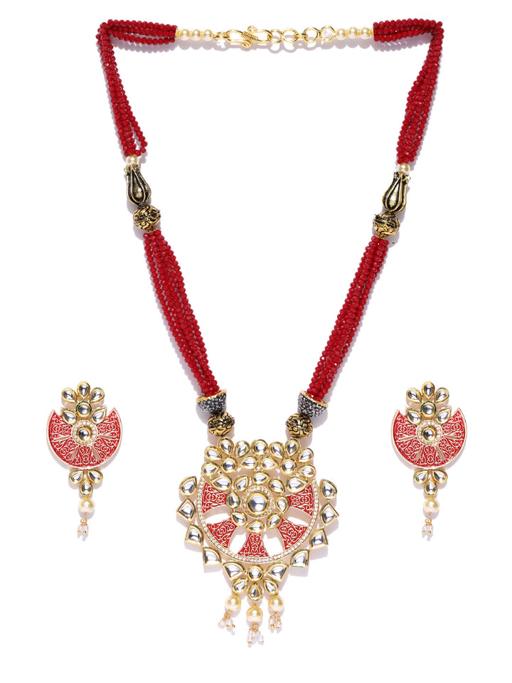 Red Beads Kundan Pearls Gold Plated Jewellery Set