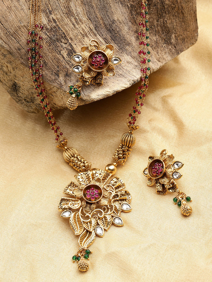 Ruby Emerald Beads Stones Gold Plated Jewellery Set