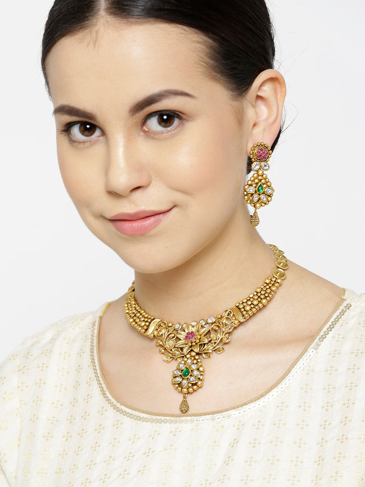 Kundan Beads Gold Plated Floral Jewellery Set
