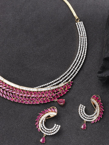 Pink Ruby American Diamond Gold Plated Jewellery Set