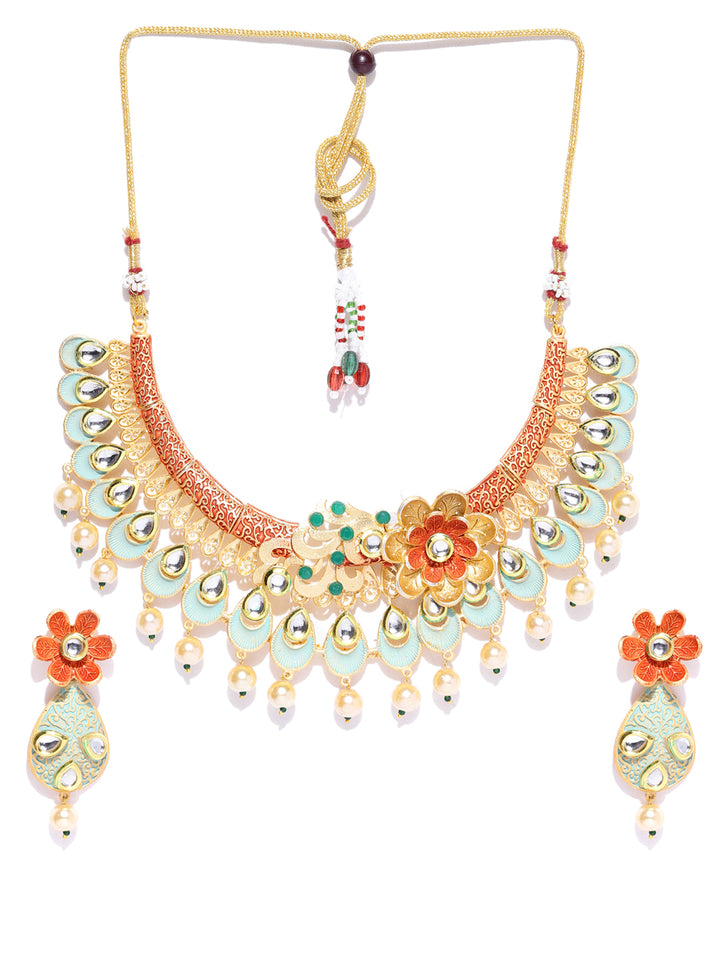 Multi-Color Kundan Pearls Gold Plated Floral Jewellery Set