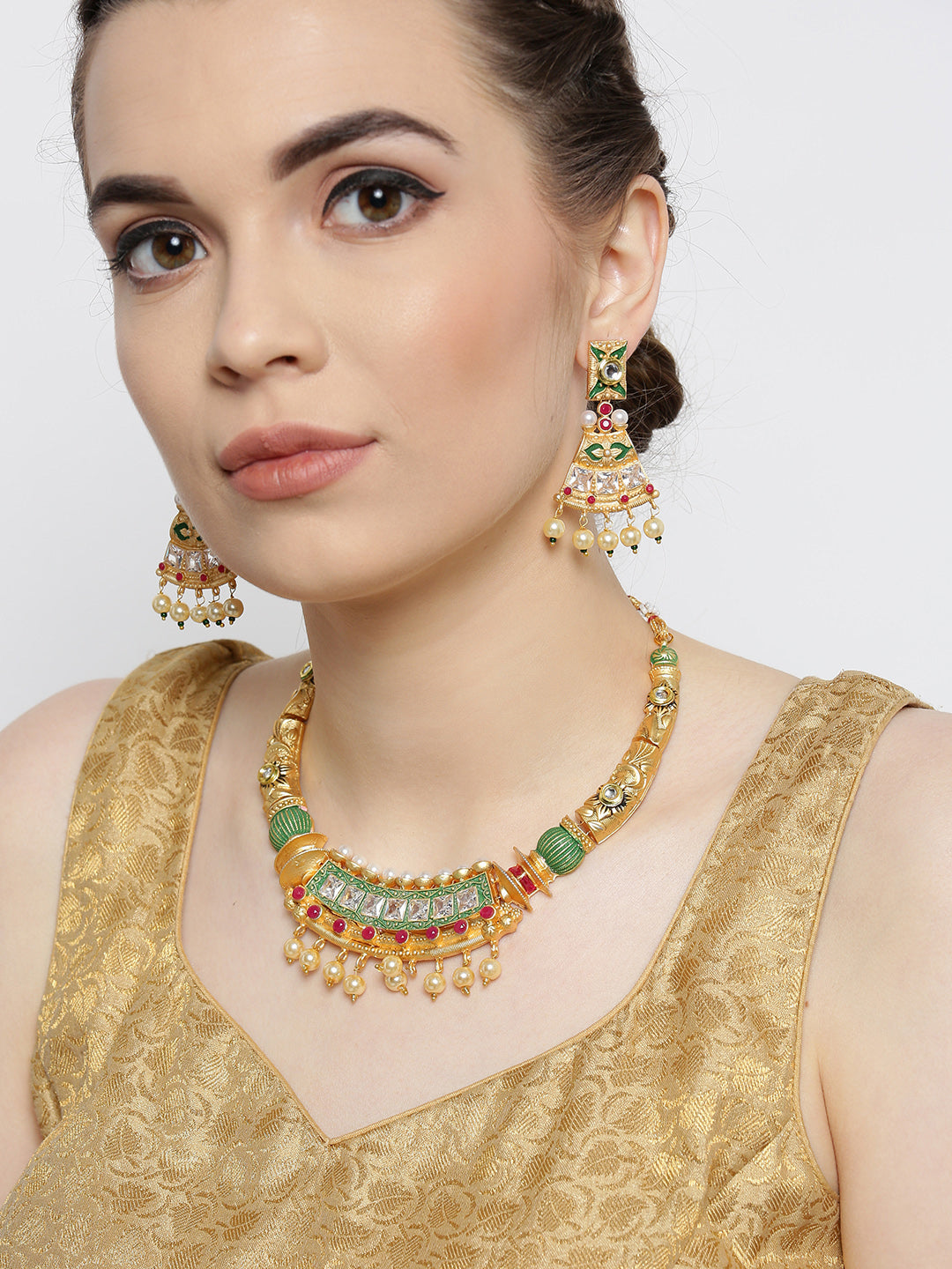 Ruby Pearls Stones Gold Plated Meenakari Jewellery Set