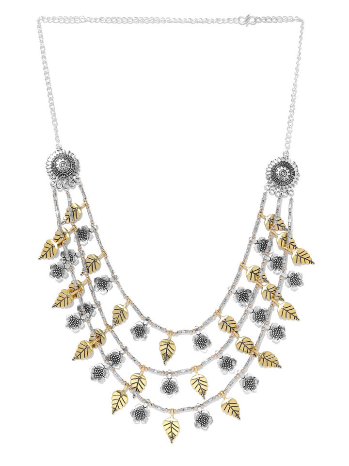 Dual-Toned german Silver Oxidised Floral Leaf Layered Necklace