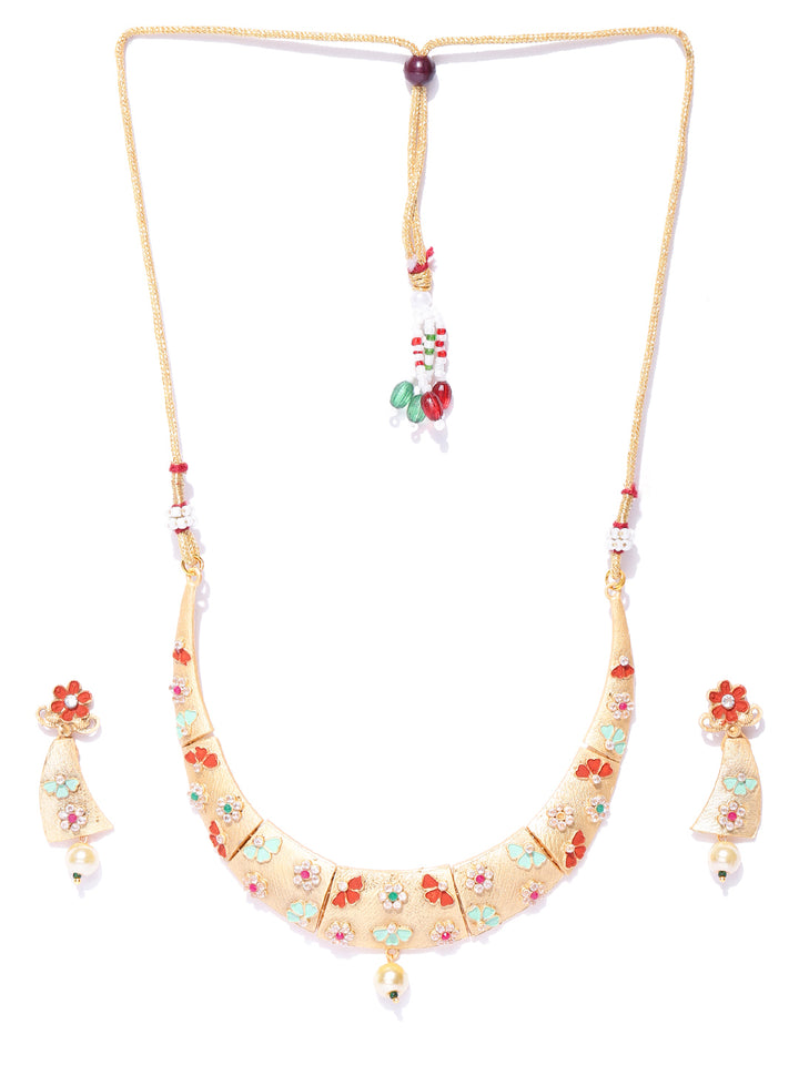 Orange Green Pearls Gold Plated Floral Jewellery Set
