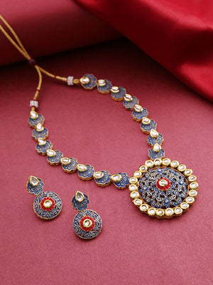 Blue Red Kundan Gold Plated Meenakari Jewellery Set