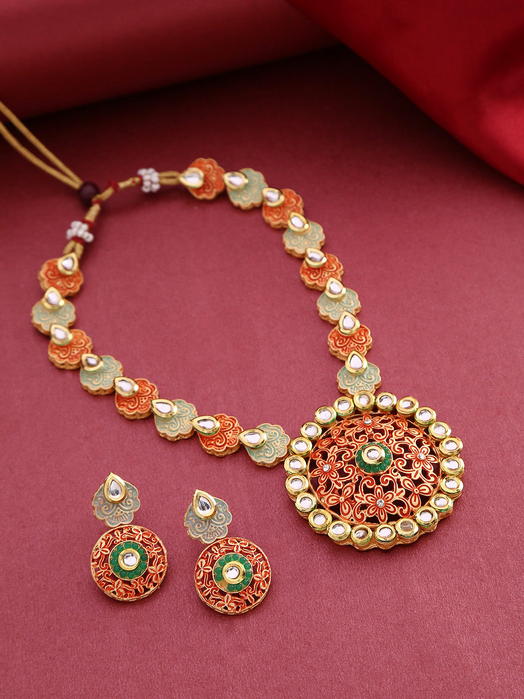Orange Green Kundan Gold Plated Meenakari Jewellery Set