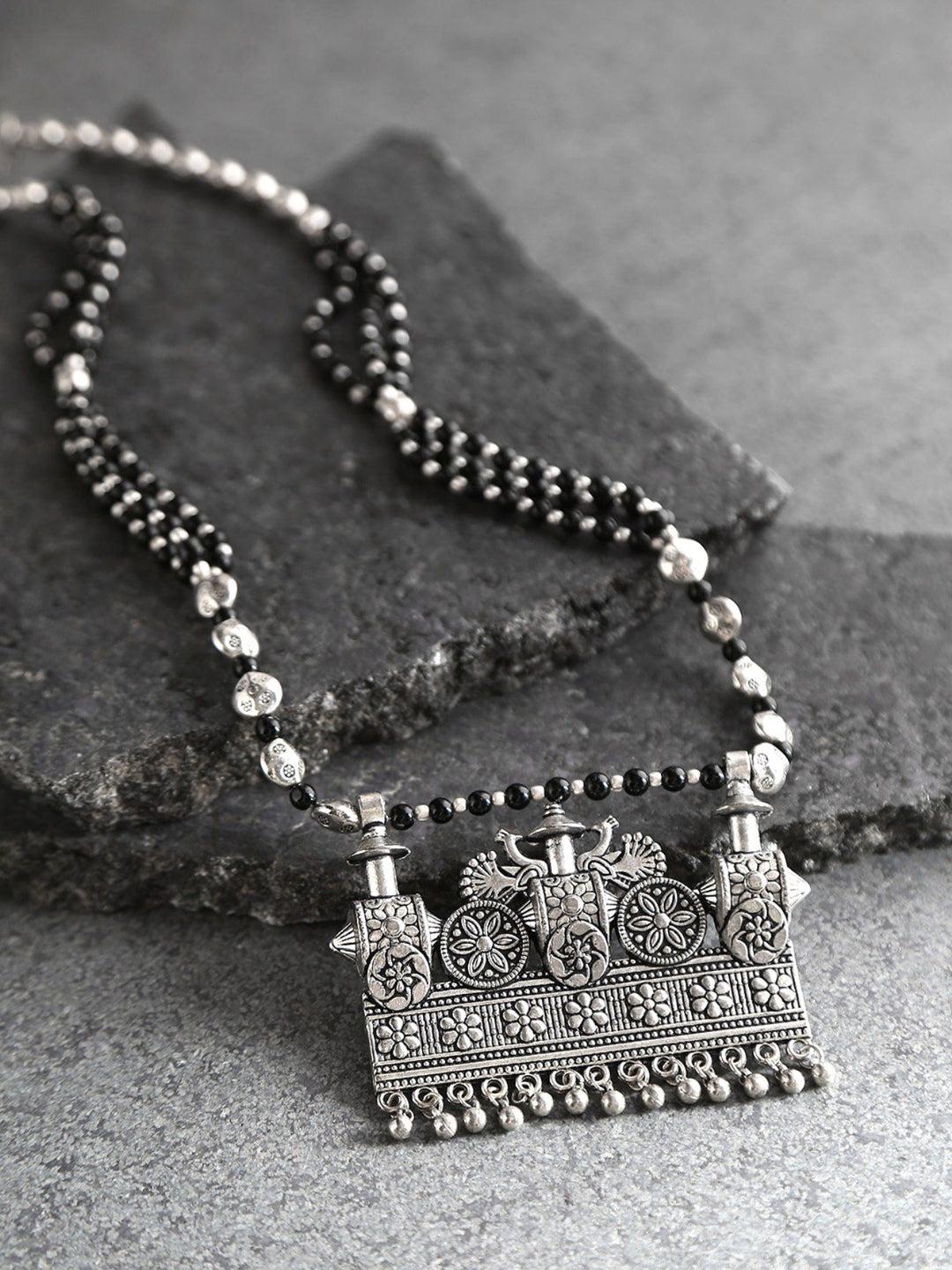 Black Beads German Silver Oxidised Ghungroo Necklace