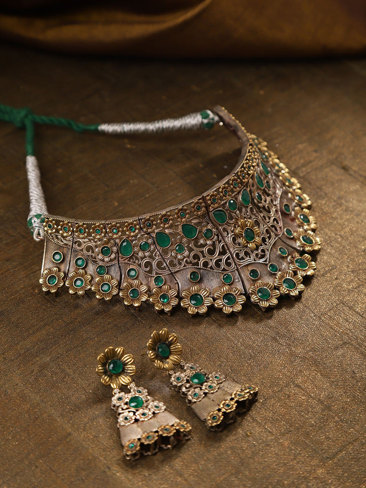 Dual-Toned Emerald Silver Plated Oxidised Floral Jewellery Set