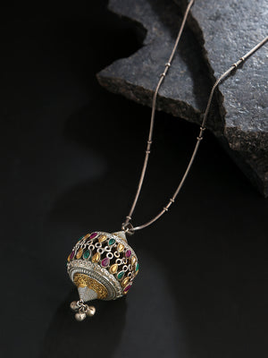 Dual-Toned Multi-Color Stones Silver Plated Ghungroo Pendant