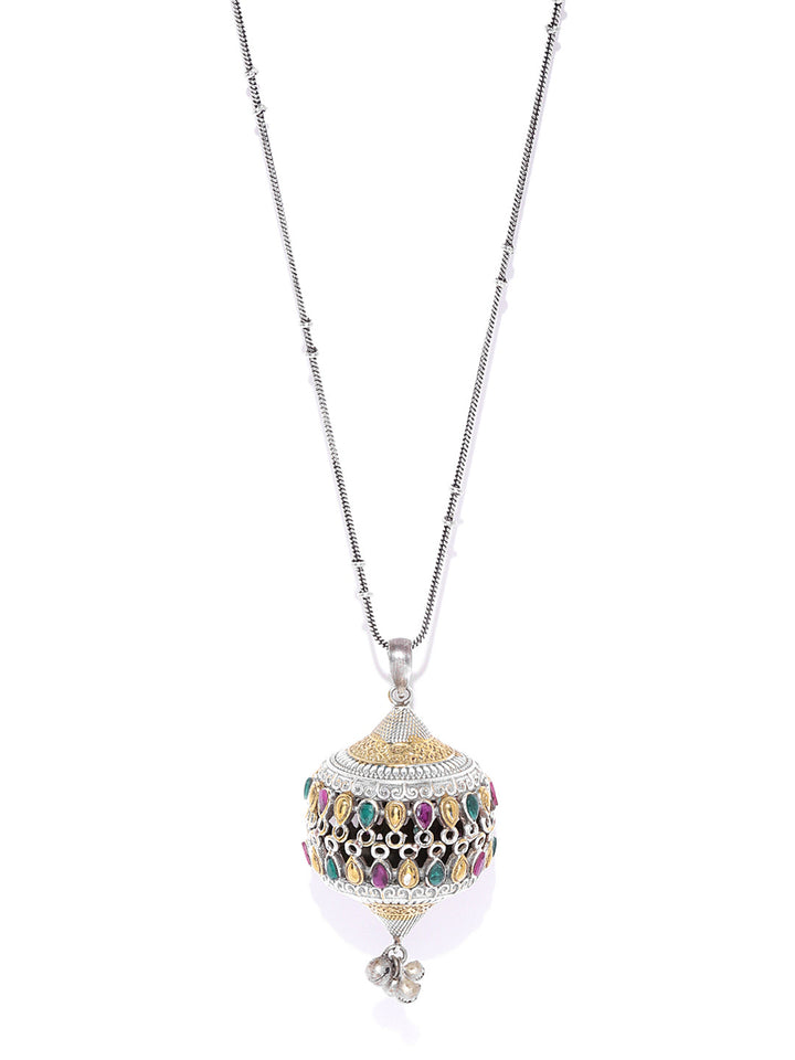 Dual-Toned Multi-Color Stones Silver Plated Ghungroo Pendant