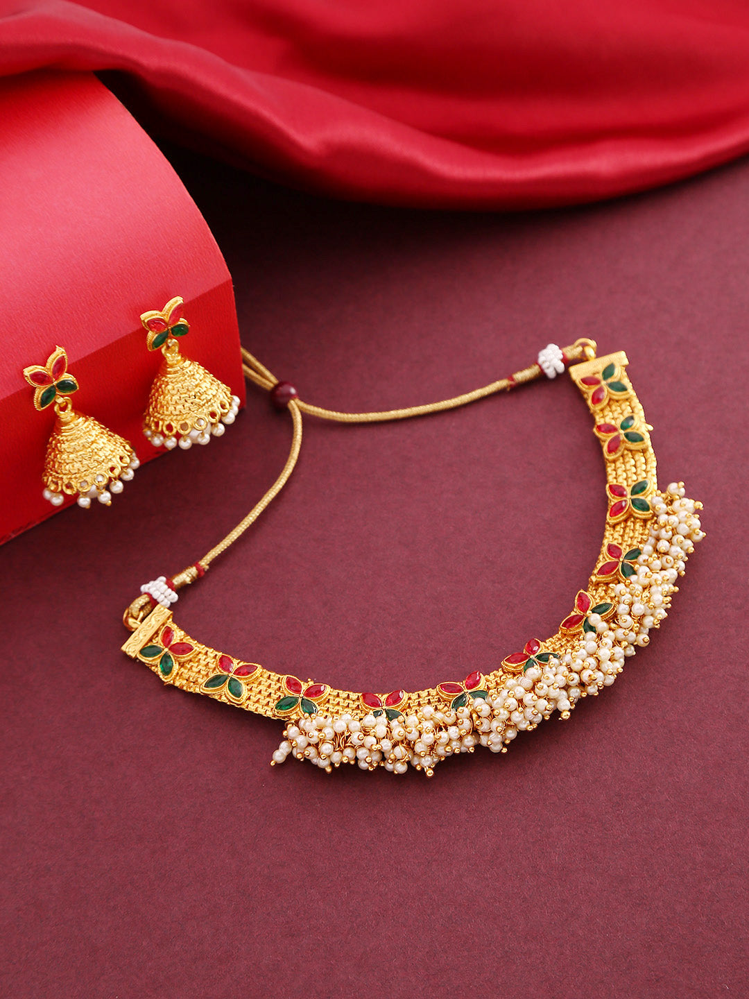 White Beads Ruby Emerlad Gold Plated Jewellery Set