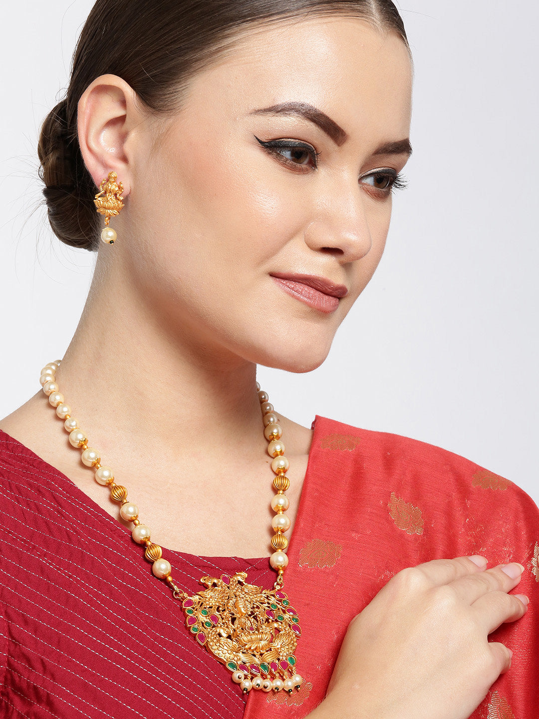 Ruby Emerlad Pearls Gold Plated Temple Jewellery Set