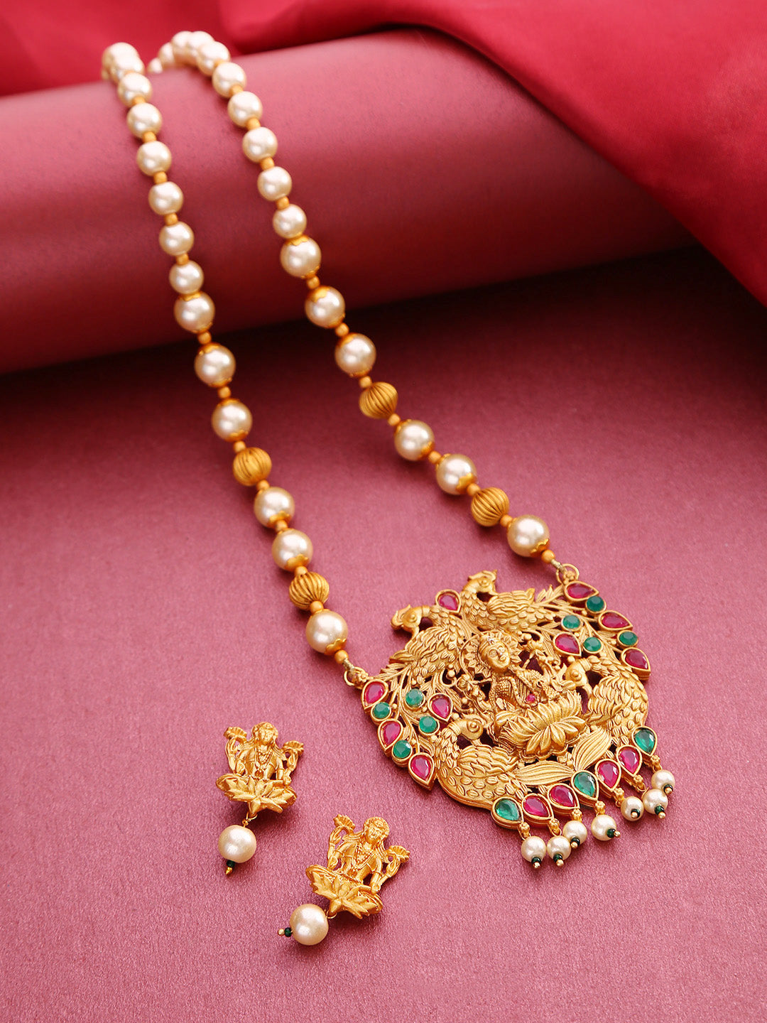 Ruby Emerlad Pearls Gold Plated Temple Jewellery Set