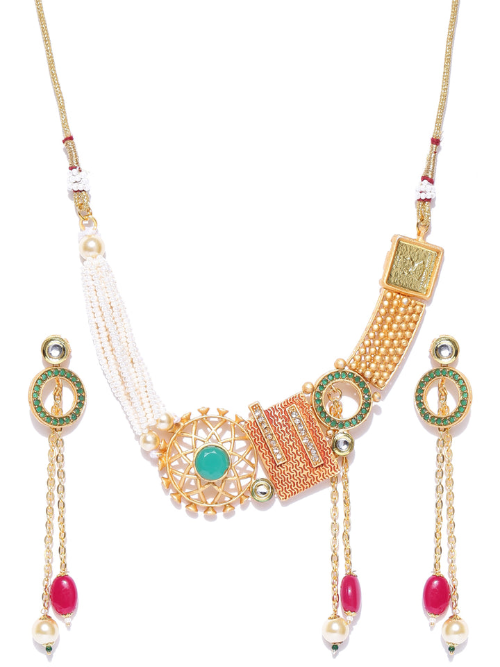 White Beads Pearls Kundan Meenakari Jewellery Set