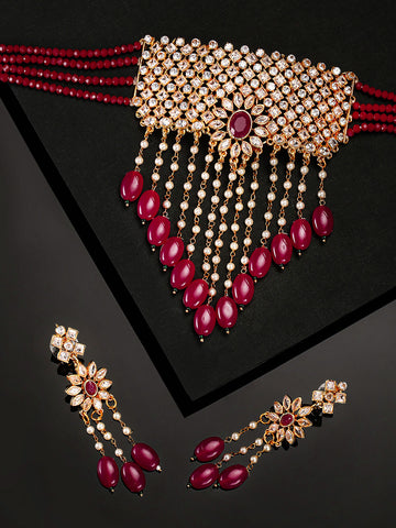 Red Beads Ruby Kundan Cubic Zirconia Gold Plated Jewellery Set