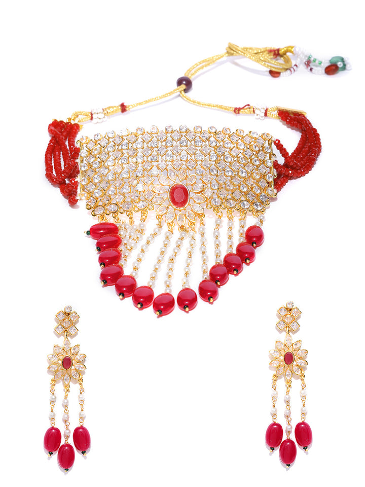 Red Beads Ruby Kundan Cubic Zirconia Gold Plated Jewellery Set
