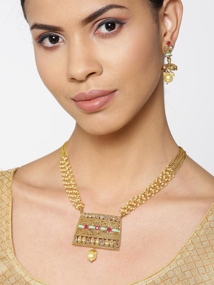 White Beads Kundan Ruby Gold Plated Multistrand Jewellery Set
