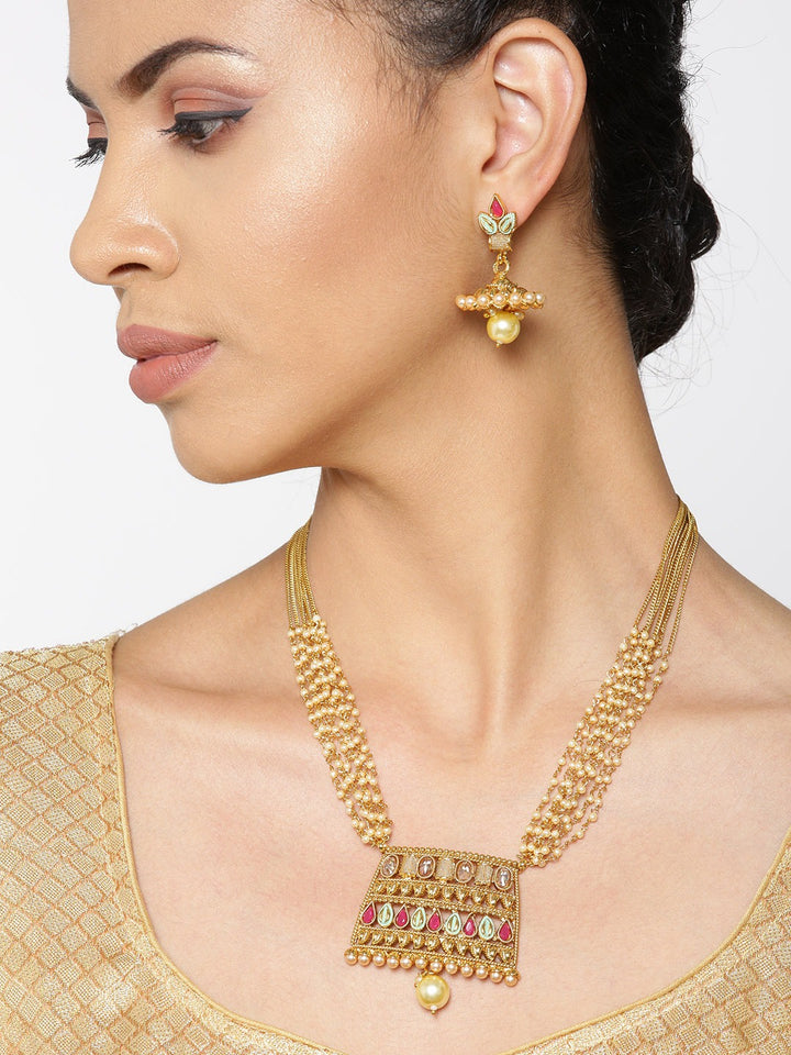 White Beads Kundan Ruby Gold Plated Multistrand Jewellery Set